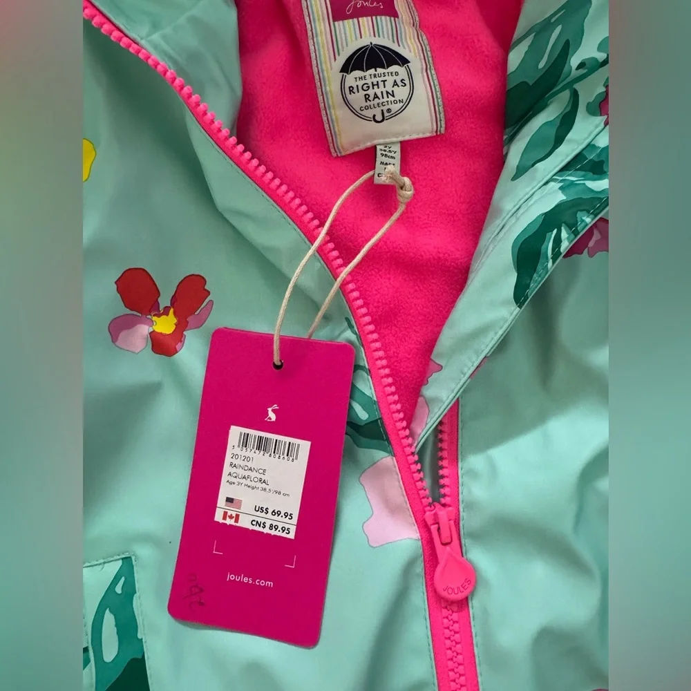 NWT Joules Teal Floral Rain Coat Jacket with Pink Fleece Interior